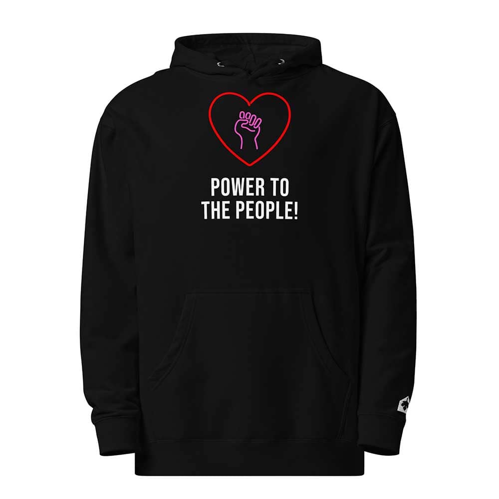 Black hoodie with a heart and hand design, and 'Power to the People!' text on a white background