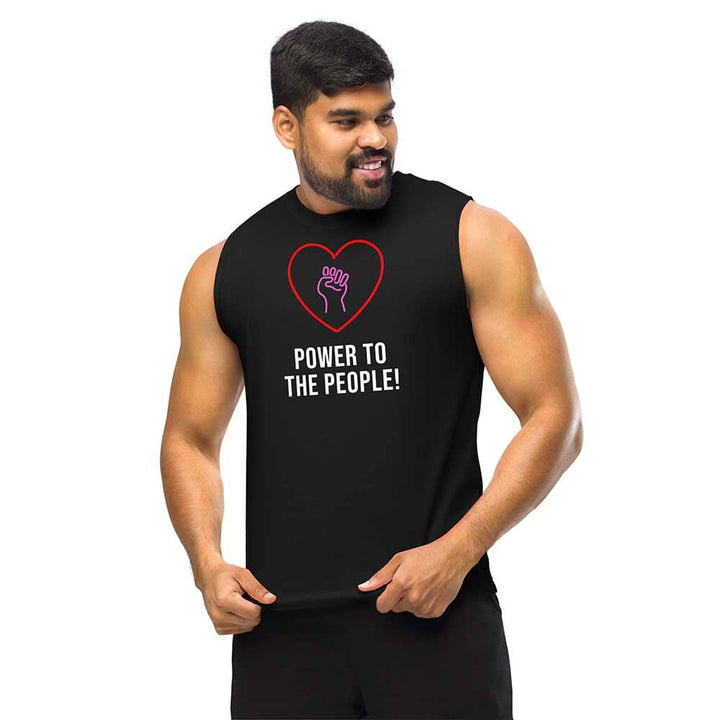 Man wearing a black sleeveless shirt with a heart and hand graphic and text &