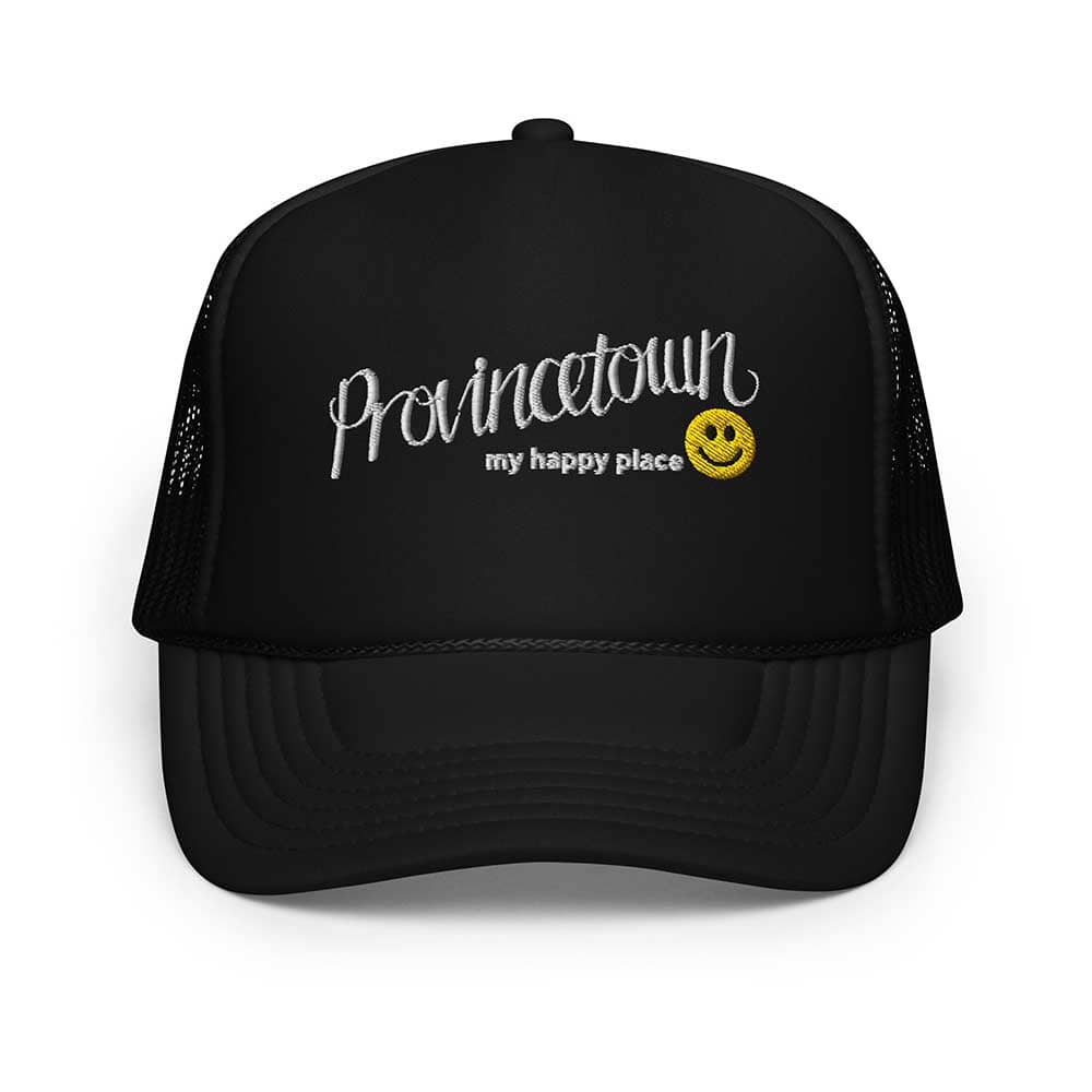 Black foam trucker hat with 'Provincetown my happy place' text and smiley face on a white background