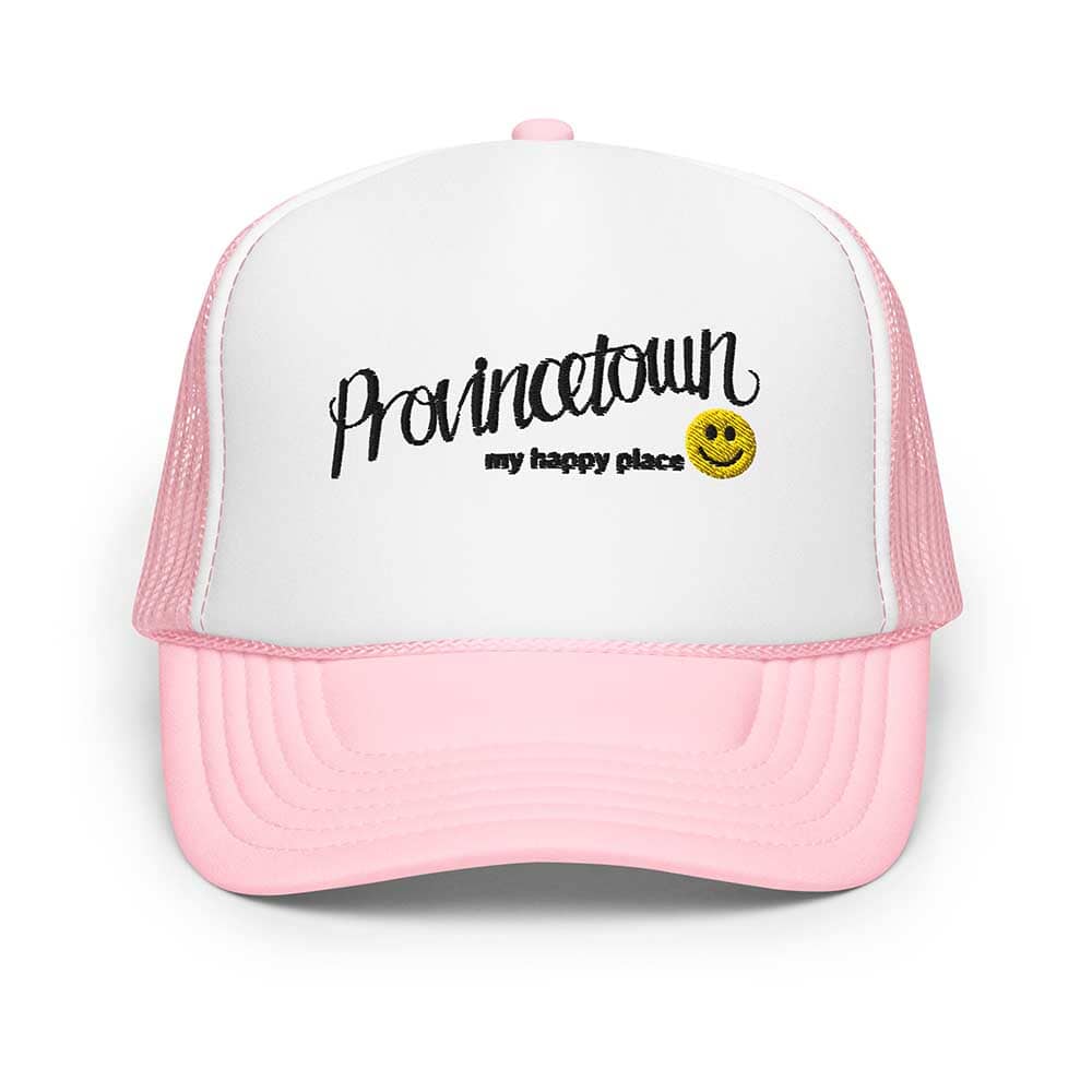 Pink and white foam trucker cap with 'Provincetown my happy place' text and smiley face on a white background