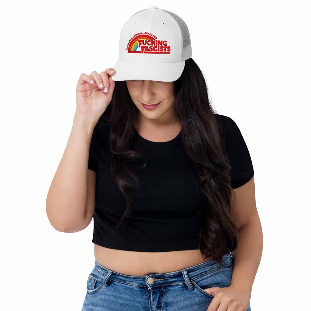 fucking fascists 6 panel trucker mesh on woman