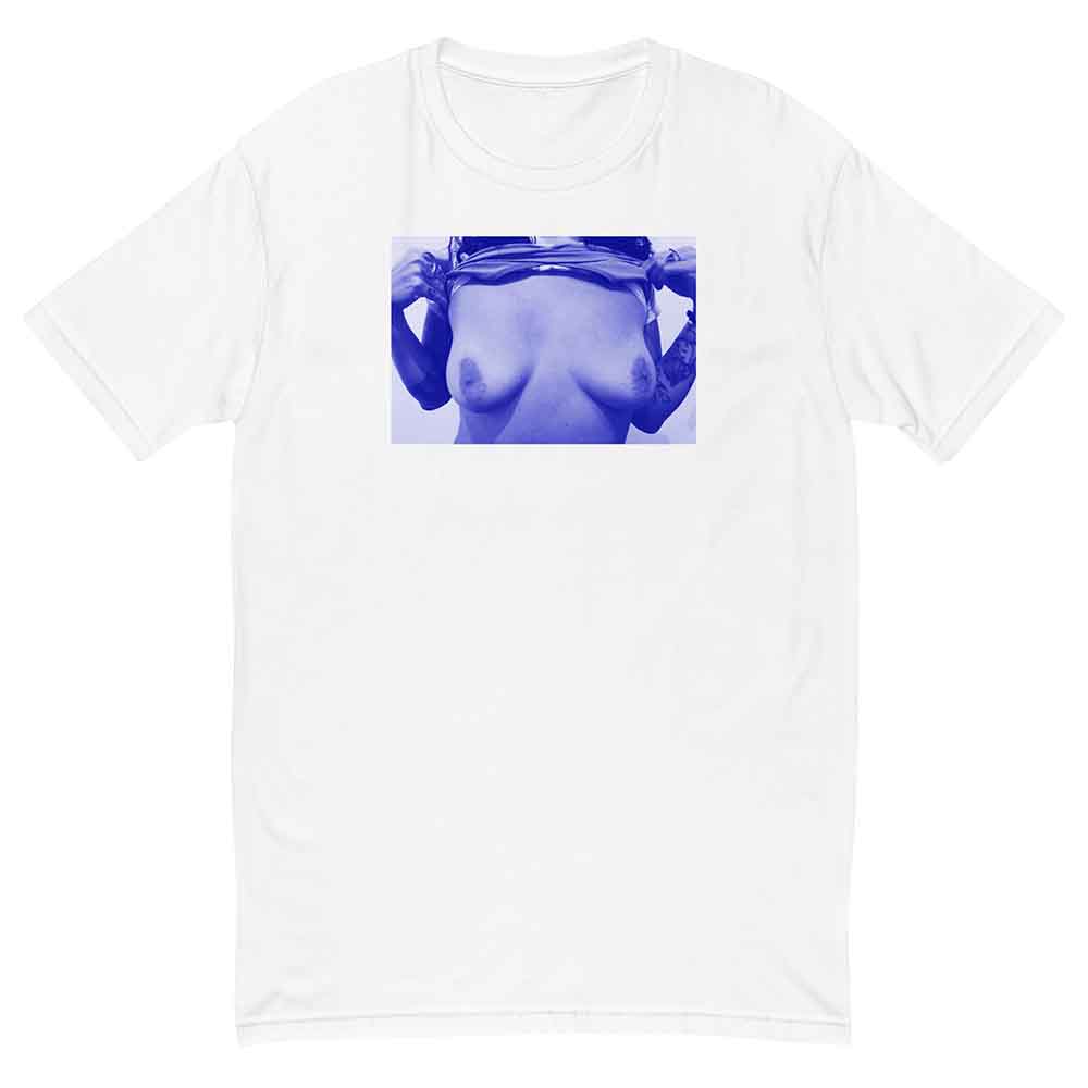 White t-shirt with a graphic of a person flashing their breasts on a white background
