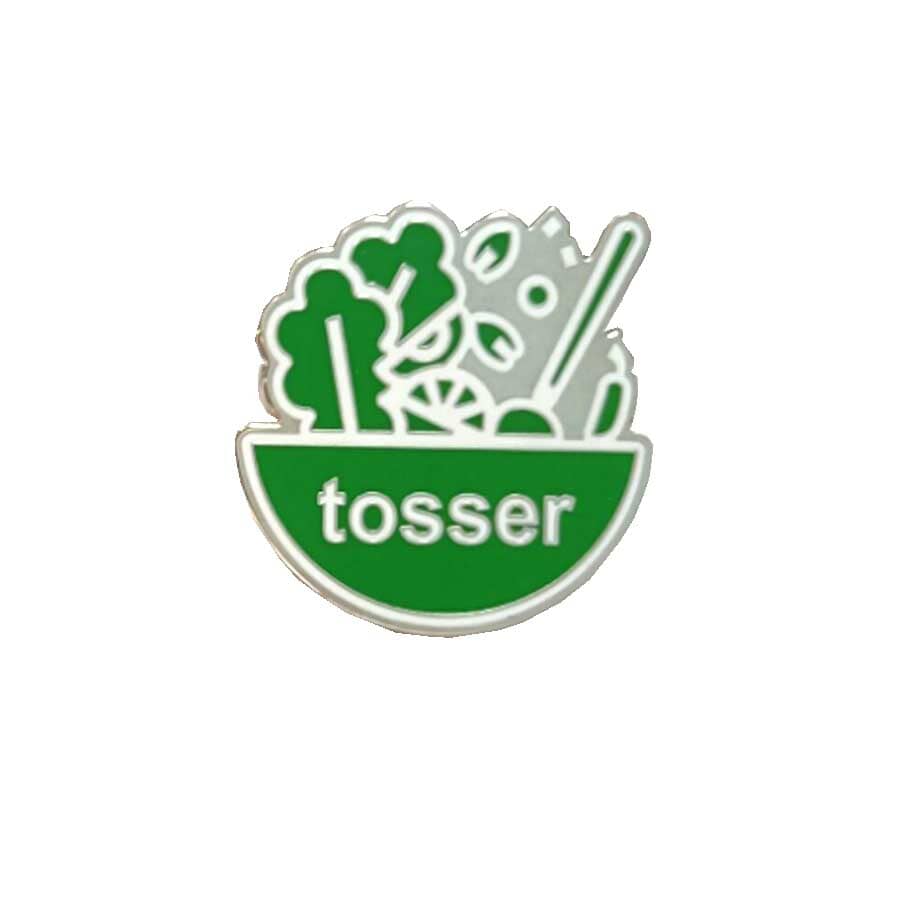 TOSSER salad tossing graphic on a pin