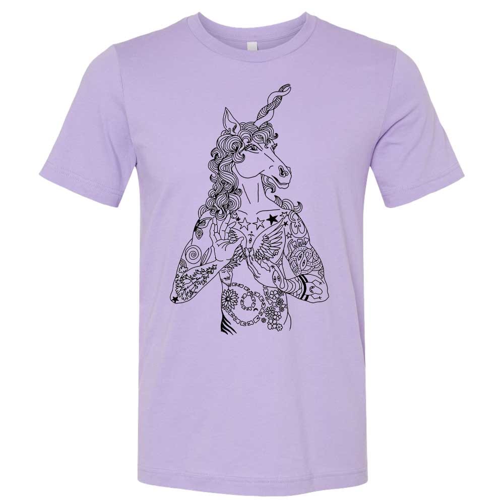 black unicorn graphic on lavender short sleeve t-shirt