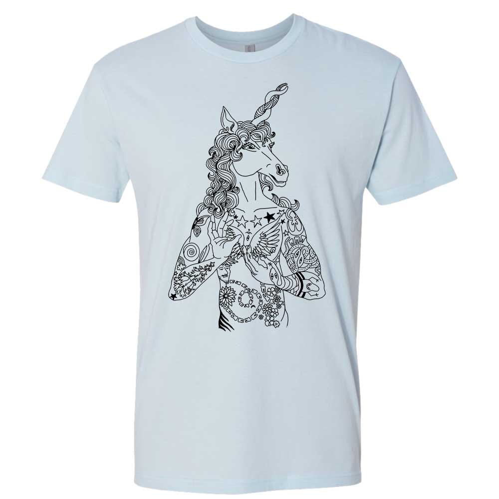 black unicorn graphic on light blue short sleeve t-shirt