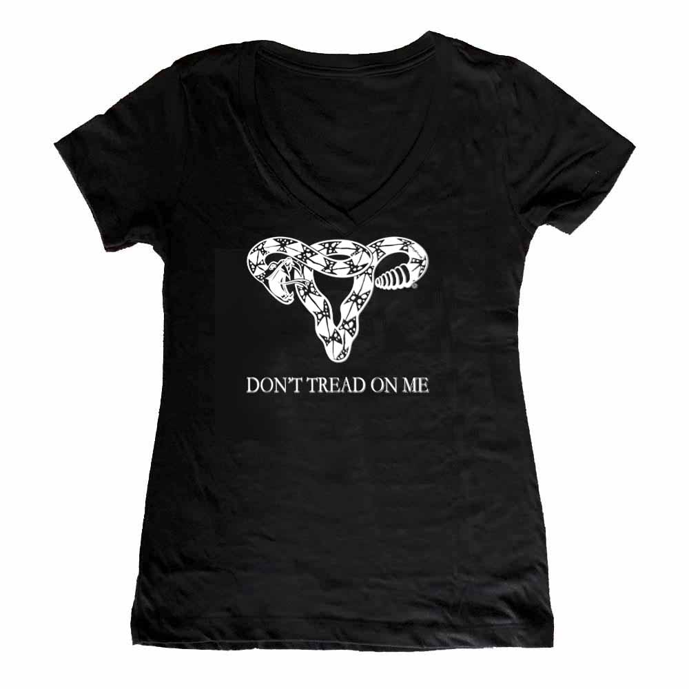 Don't Tread On Me Femme Fit V-neck T-shirt supporting Planned Parenthood rattlesnake uterus black