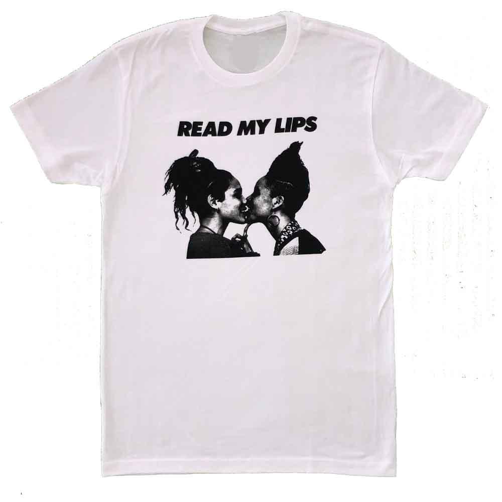 read my lips women kissing doesnt kill greed and indifference t-shirt white