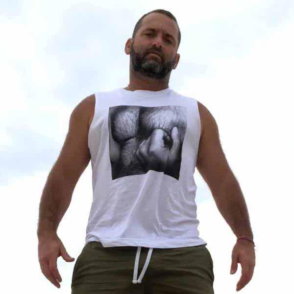 Nipple Pinch Hairy Chest Sleeveless T-shirt on person