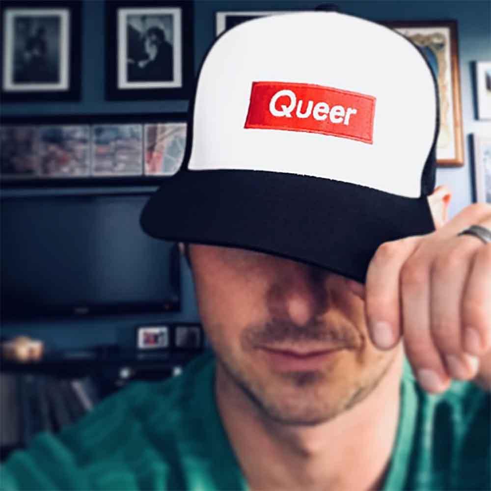 Adam's Nest Queer Trucker Mesh Snapback Hat White Black Customer