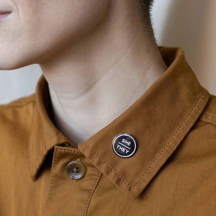 she they pronoun pin on collar