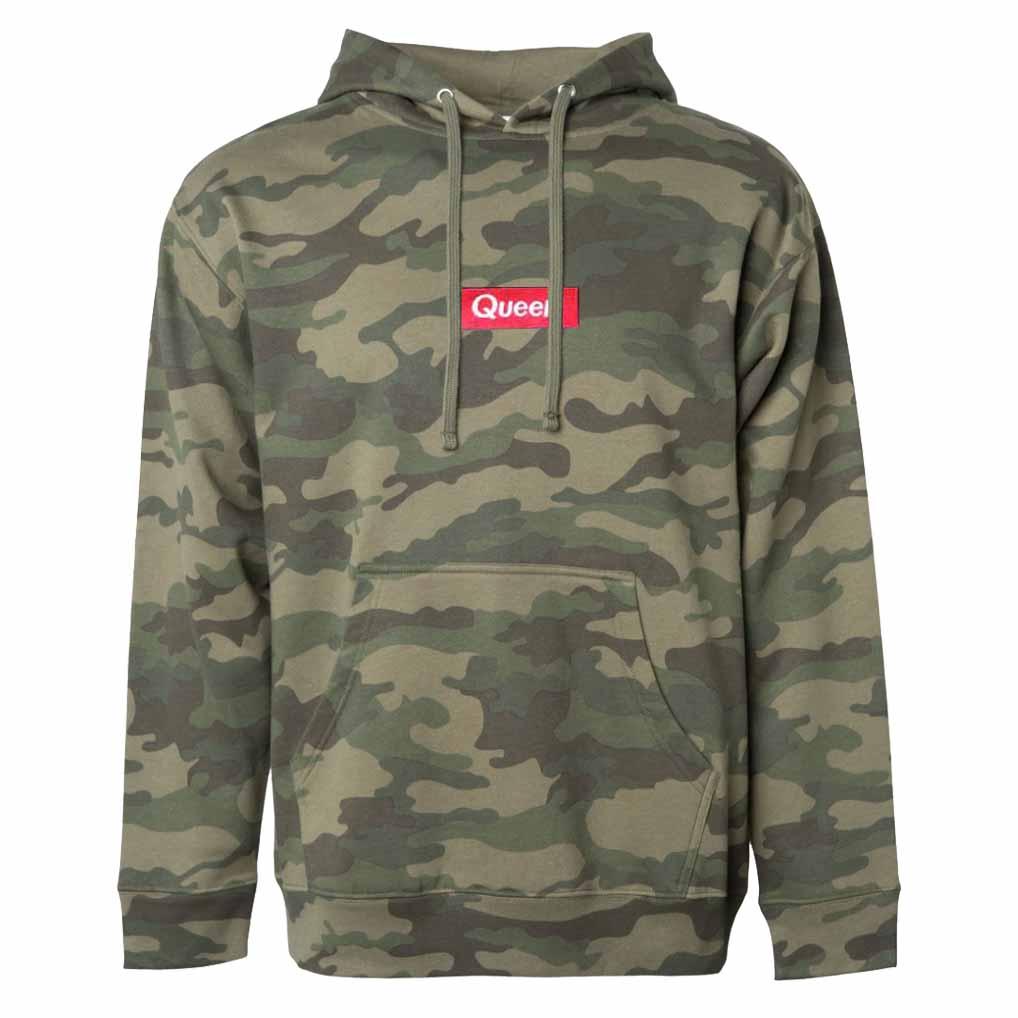 queer red rectangle pullover hooded sweatshirt forest camo