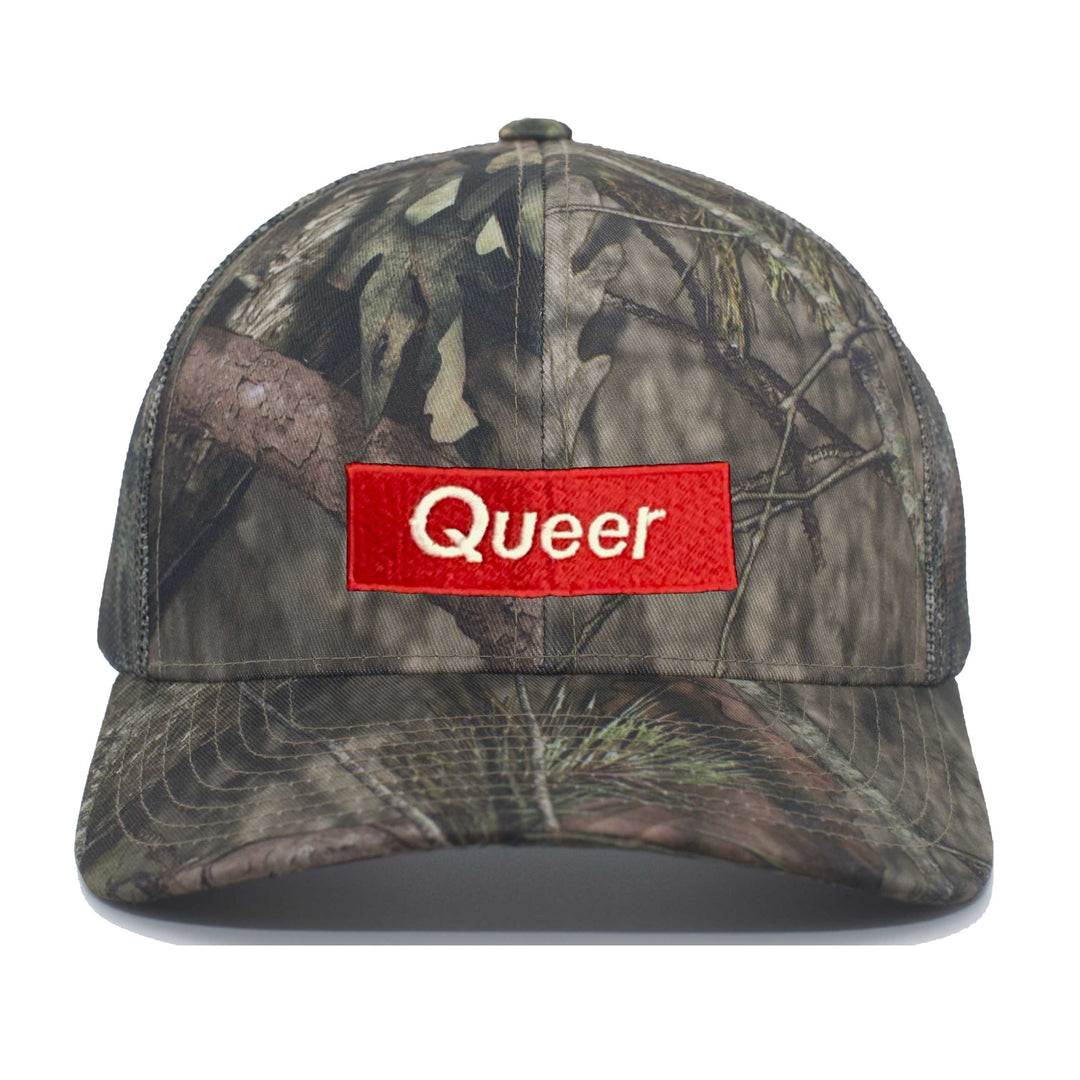 queer red rectangle mossy oak snapback hat