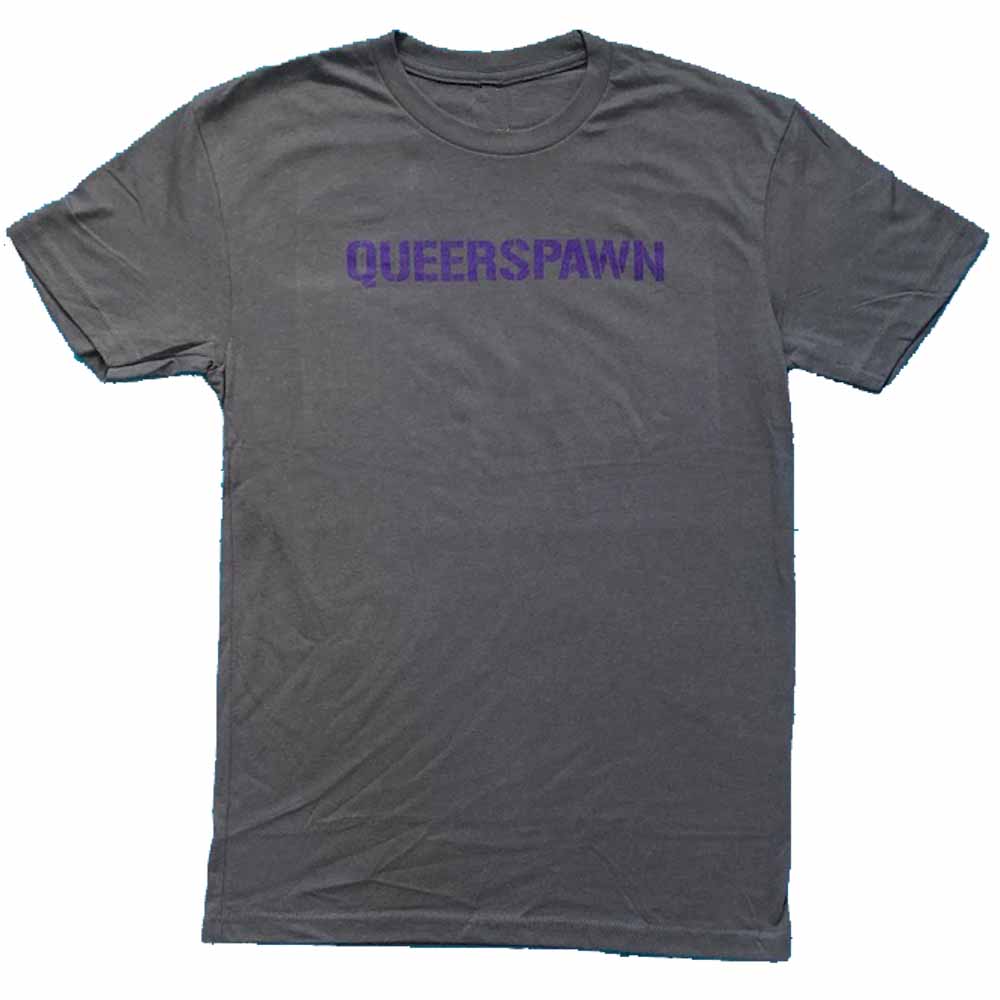grey t-shirt with purple queerspawn print