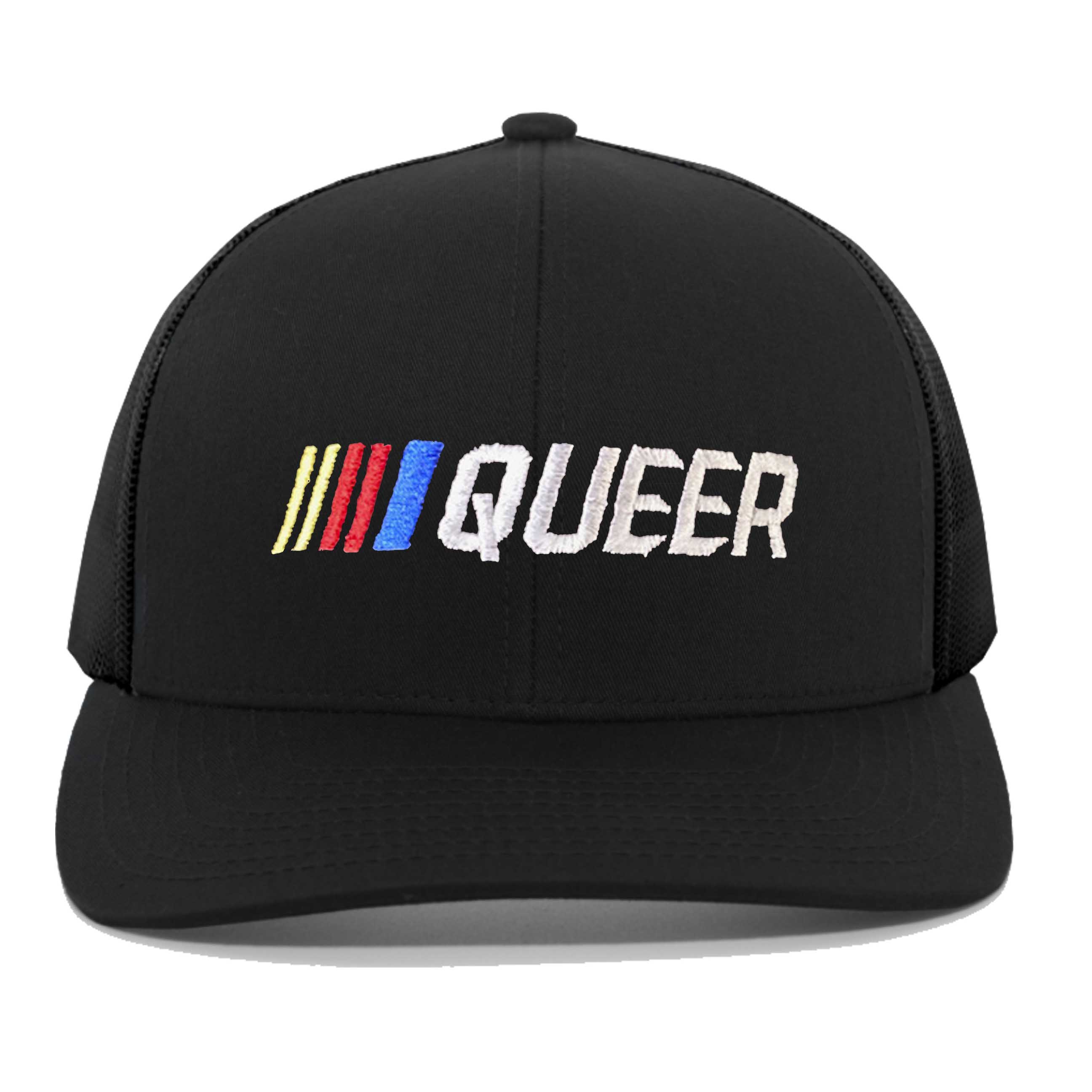 Stripe Queer Trucker Mesh Snapback Hat solid black