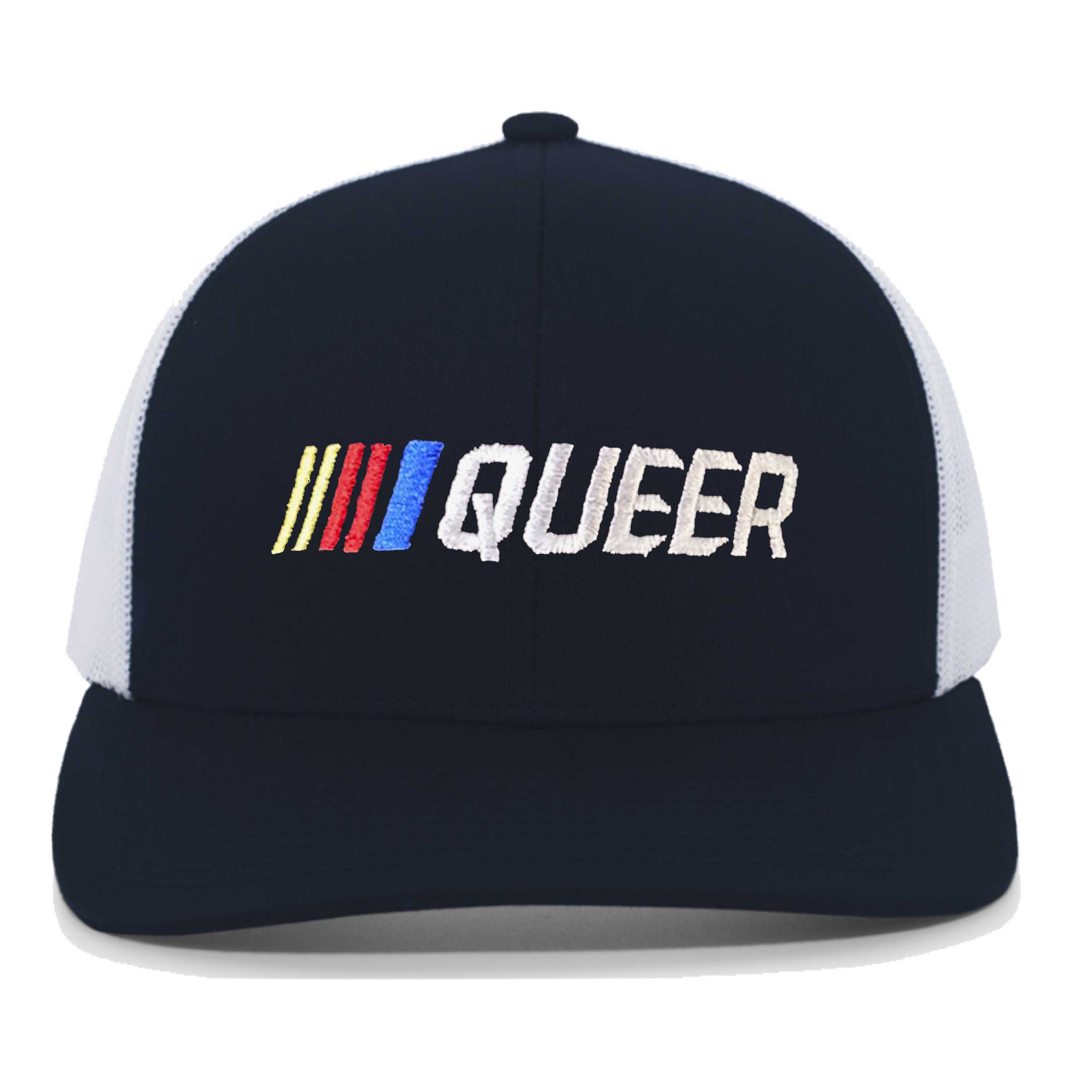 Stripe Queer Trucker Mesh Snapback Hat Navy White